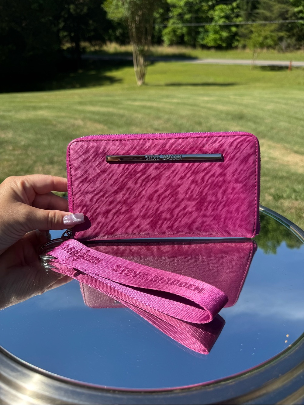Steve Madden Fuchsia Zip-Around Wristlet with Branded Strap